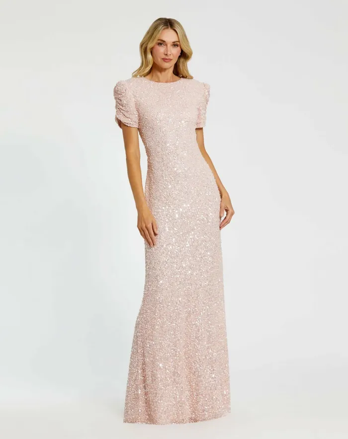 Evening Gowns Mac Duggal Women Pink Gathered Short Sleeve Beaded Gown Blush