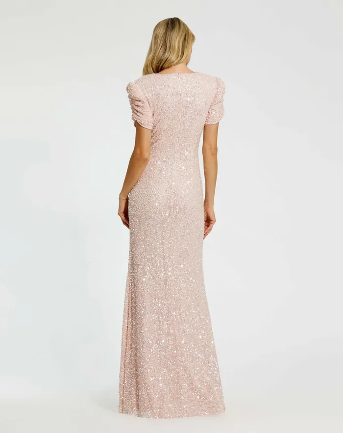 Evening Gowns Mac Duggal Women Pink Gathered Short Sleeve Beaded Gown Blush
