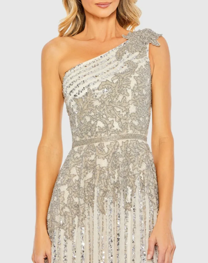 Evening Gowns Mac Duggal Women Silver Beaded Embellished One Shoulder A Line Gown Silver Nude