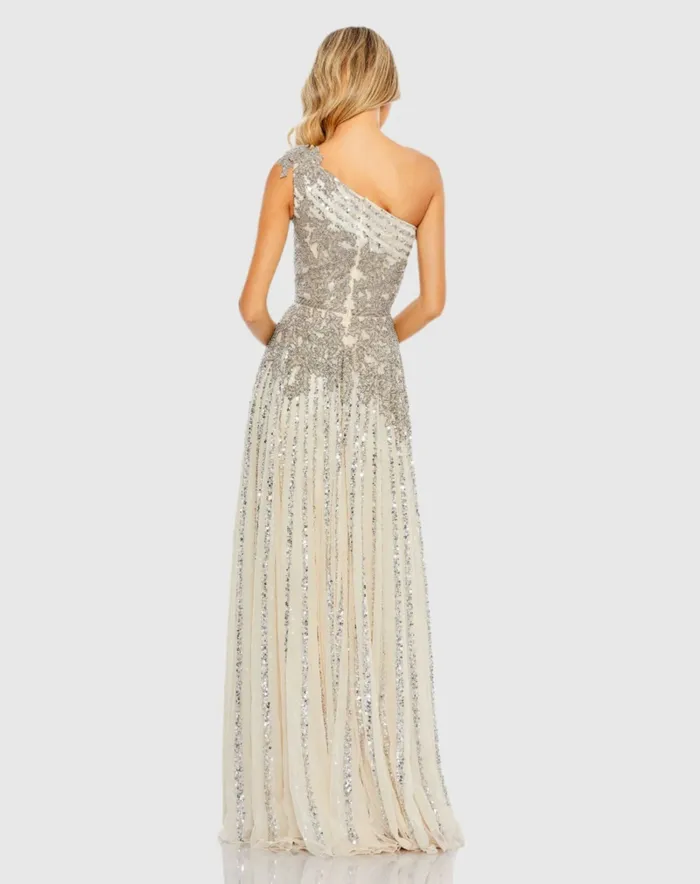 Evening Gowns Mac Duggal Women Silver Beaded Embellished One Shoulder A Line Gown Silver Nude