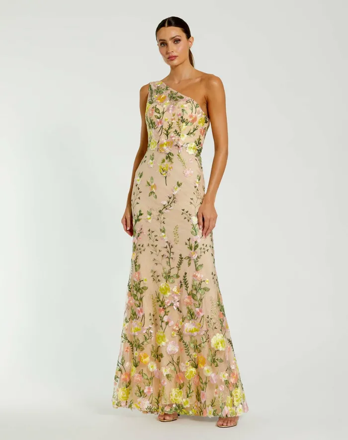 Evening Gowns Women Mac Duggal One Shoulder Lace Embroidered Gown Yellow Multi