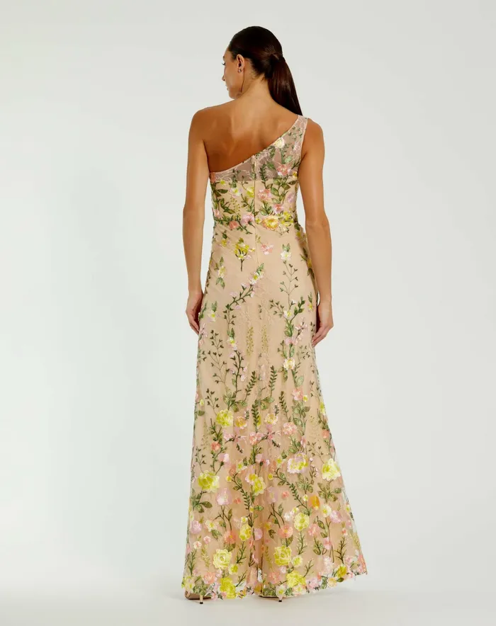 Evening Gowns Women Mac Duggal One Shoulder Lace Embroidered Gown Yellow Multi