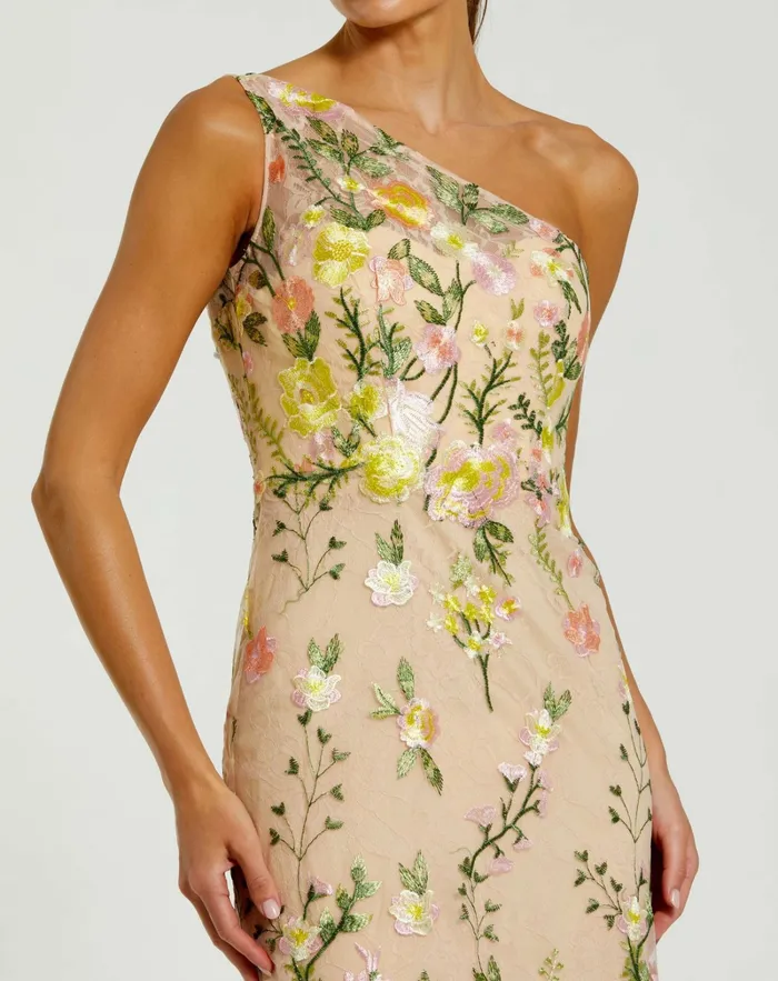Evening Gowns Women Mac Duggal One Shoulder Lace Embroidered Gown Yellow Multi