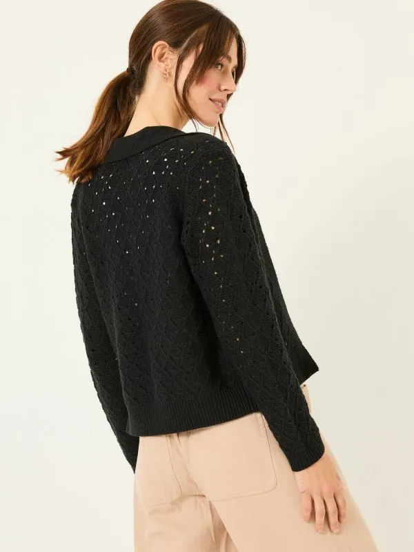 Fat Face Knitwear Women Black Lilah Pointelle Knitted Cardigan