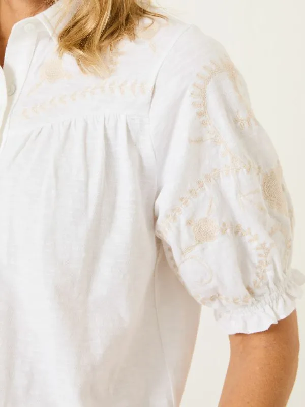 Fat Face Shirts and Blouses Women White Embroidered Short Sleeve Jersey Shirt