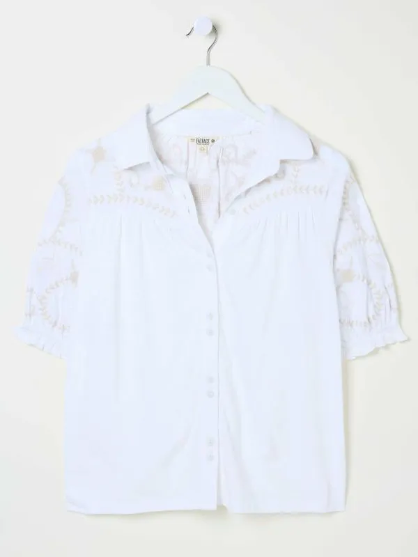 Fat Face Shirts and Blouses Women White Embroidered Short Sleeve Jersey Shirt