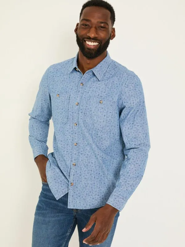 Fat Face Shirts Men Chambray Blue 100 Cotton Long Sleeve Leaf Print Shirt