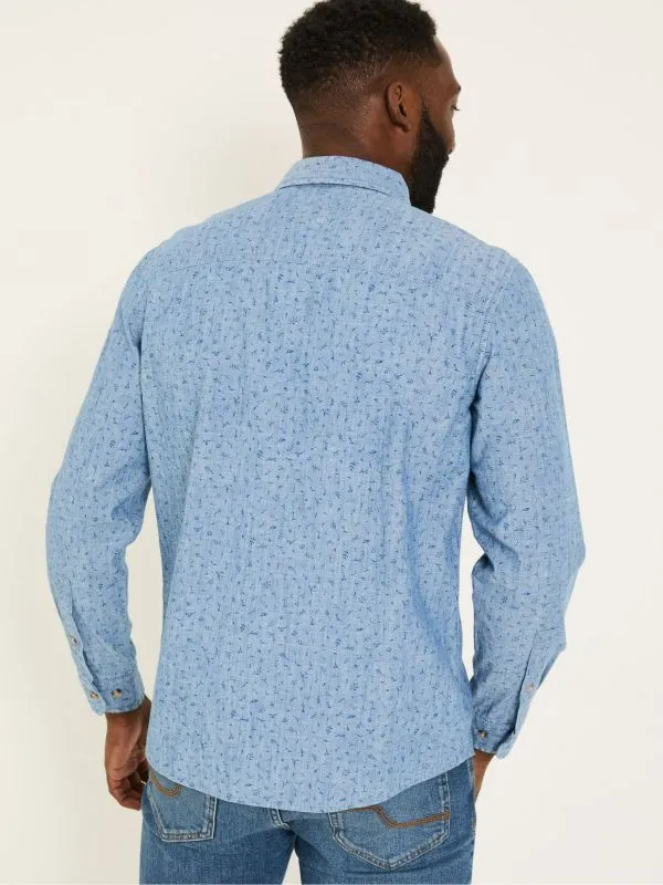 Fat Face Shirts Men Chambray Blue 100 Cotton Long Sleeve Leaf Print Shirt