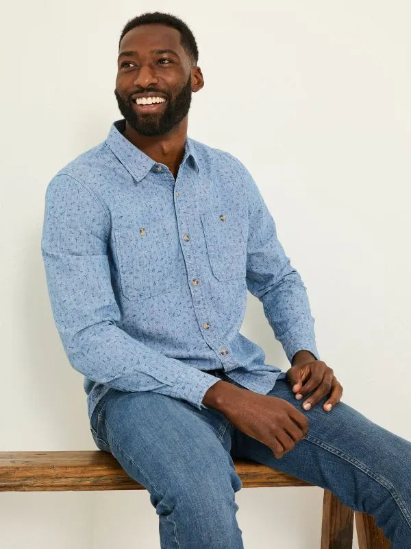 Fat Face Shirts Men Chambray Blue 100 Cotton Long Sleeve Leaf Print Shirt