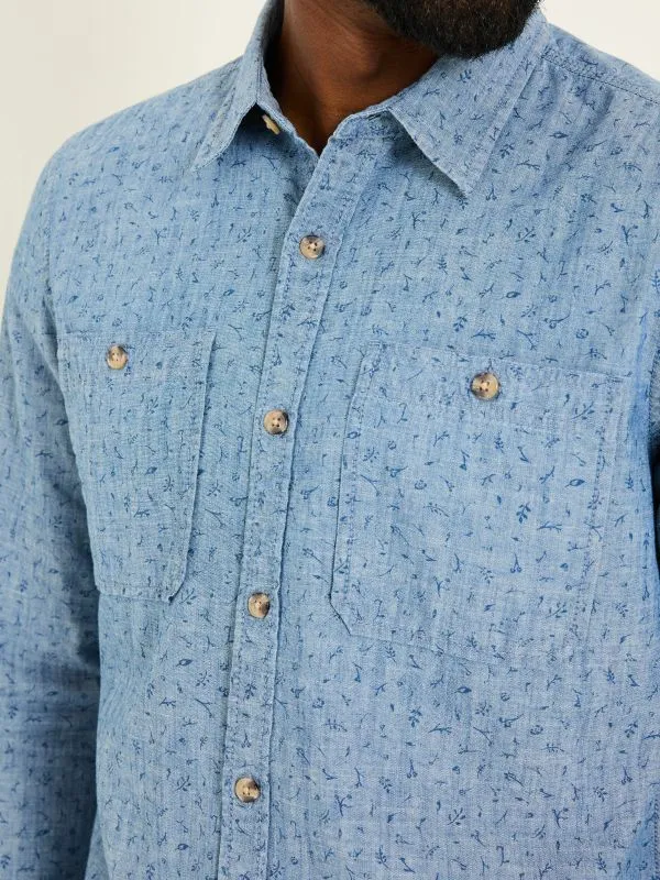 Fat Face Shirts Men Chambray Blue 100 Cotton Long Sleeve Leaf Print Shirt