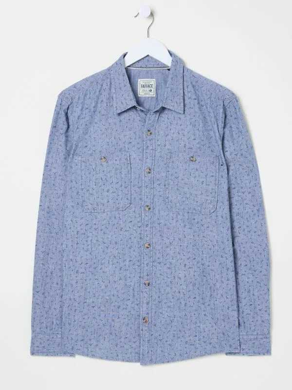 Fat Face Shirts Men Chambray Blue 100 Cotton Long Sleeve Leaf Print Shirt