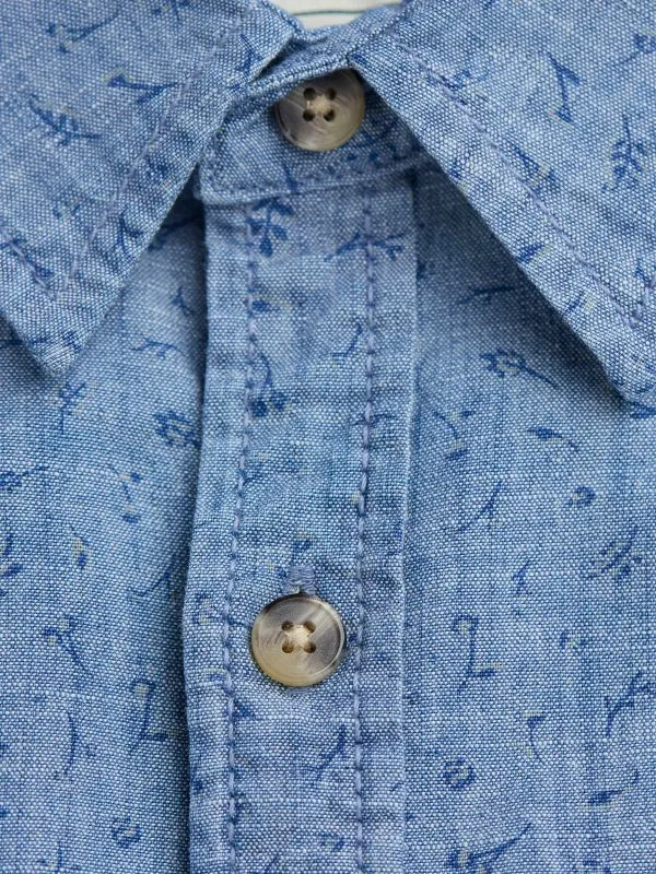 Fat Face Shirts Men Chambray Blue 100 Cotton Long Sleeve Leaf Print Shirt