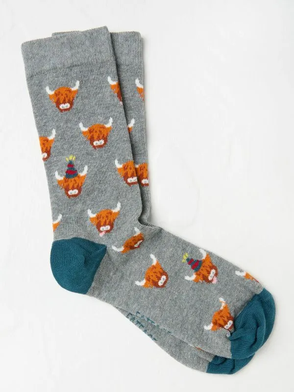 Fat Face Socks Men Grey Party Highland Cow Socks