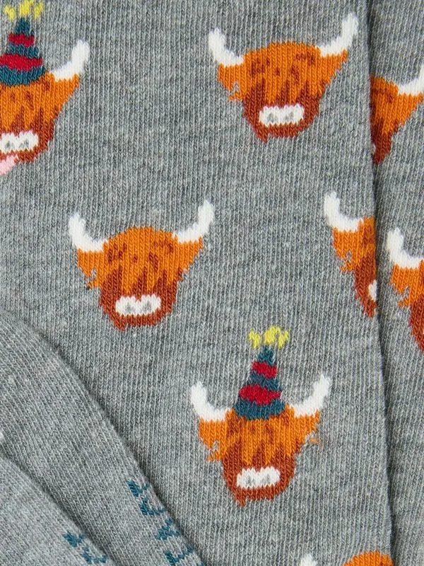 Fat Face Socks Men Grey Party Highland Cow Socks