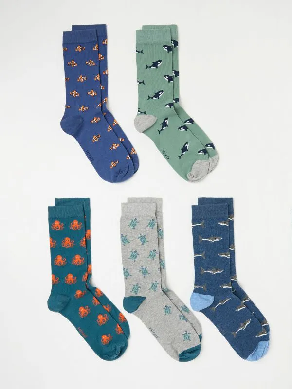 Fat Face Socks Men Multi Sealife 5 Pairs Socks