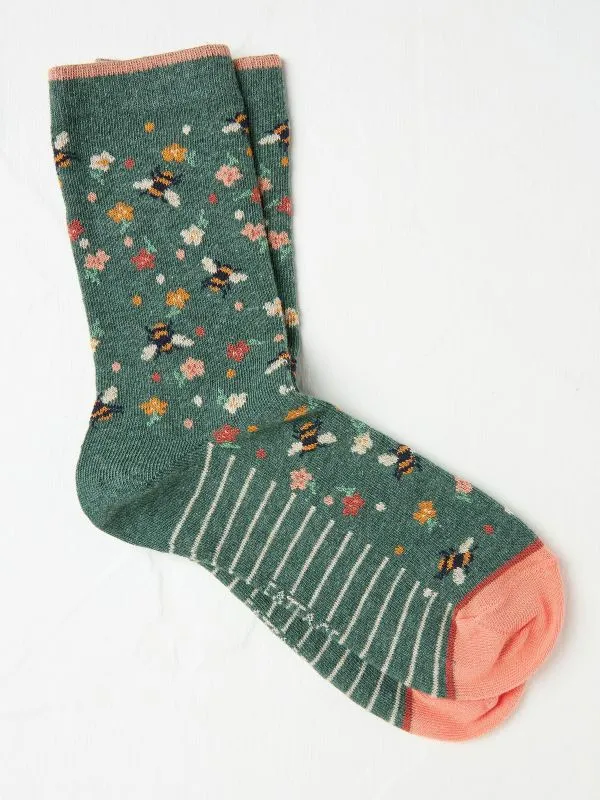 Fat Face Socks Women Green Bee Floral Socks