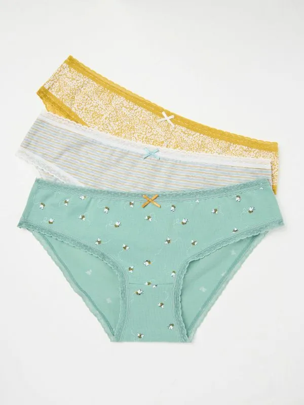 Fat Face Underwear Women Green 3 Pack Bee Print Knickers
