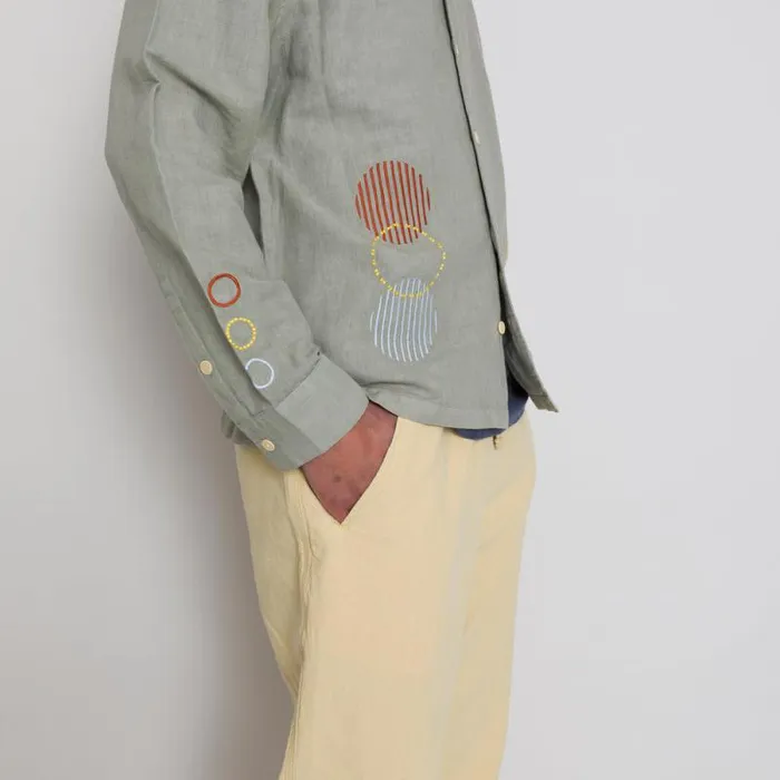 Folk Clothing Shirts LS Soft Collar Shirt 8211 Olive Sun Embroidery DP 8211 Mens