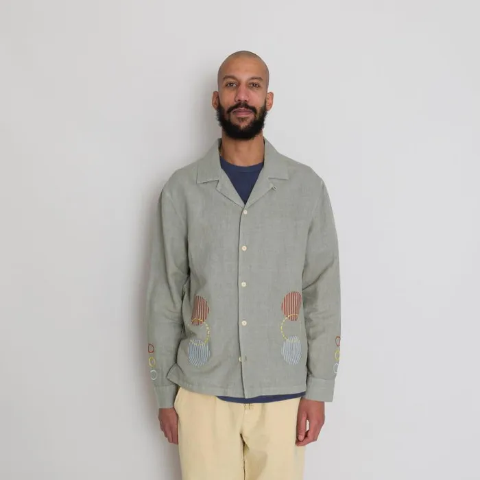 Folk Clothing Shirts LS Soft Collar Shirt 8211 Olive Sun Embroidery DP 8211 Mens