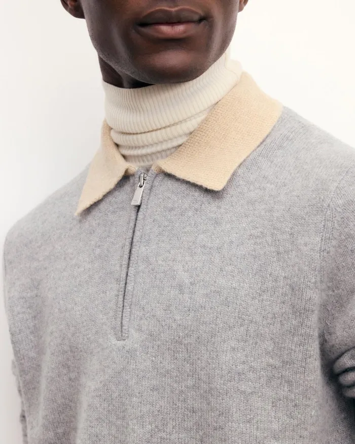 From Future Cashmere Sweaters Men TwoTone Polo Neck Zipper Sweater Dark Heather Gray