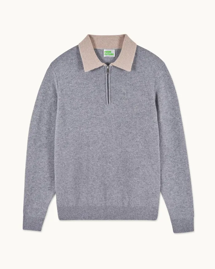 From Future Cashmere Sweaters Men TwoTone Polo Neck Zipper Sweater Dark Heather Gray