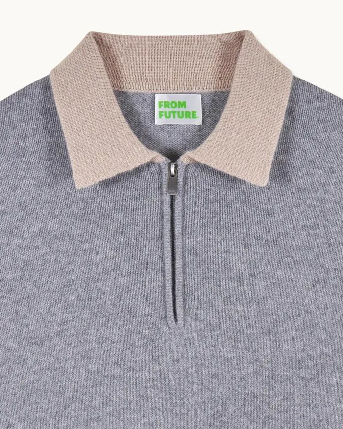 From Future Cashmere Sweaters Men TwoTone Polo Neck Zipper Sweater Dark Heather Gray