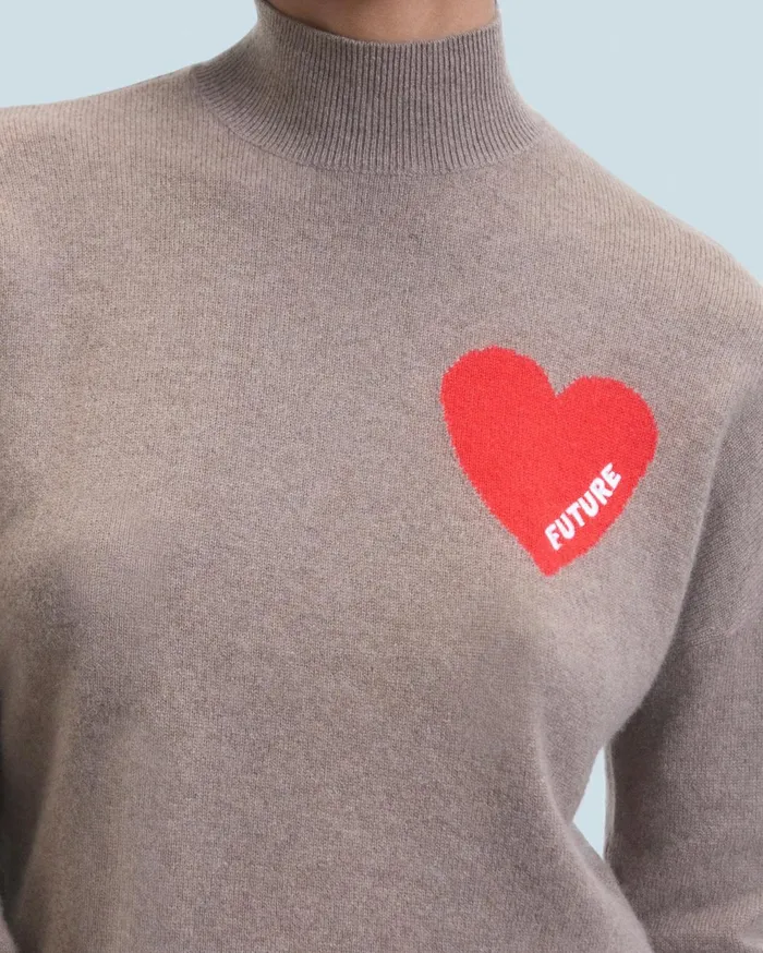 From Future Cashmere Sweaters Women Light Heart Mock Neck Sweater Taupe