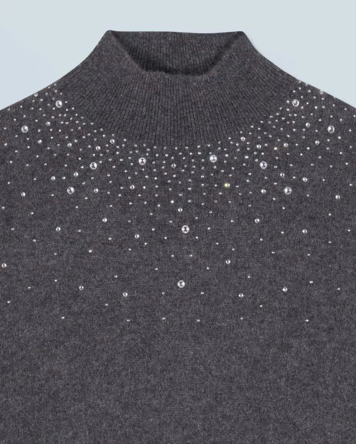From Future Cashmere Sweaters Women Mock Neck Light Sweater With Rhinestones Charcoal Gray