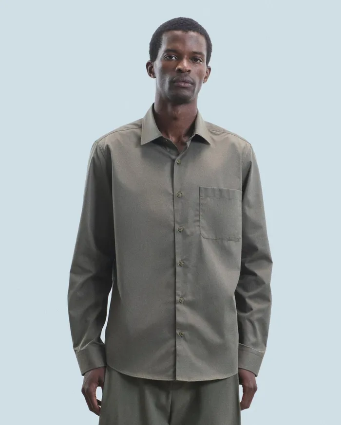 From Future Shirts and TShirts Men Plain Embroidery Long Sleeve Shirt Khaki