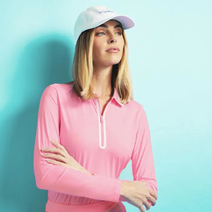 GFORE Polos and Shirts Women COLOUR BLOCK COLLAR SILKY TECH NYLON LONG SLEEVE ZIP POLO Candy