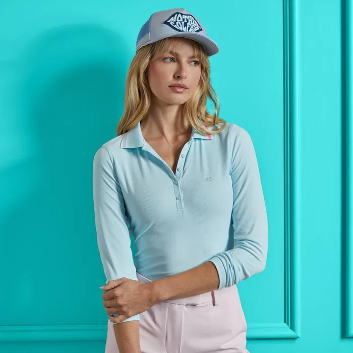 GFORE Polos and Shirts Women CONTRAST COLLAR RIBBED TECH NYLON LONG SLEEVE POLO Daybreak