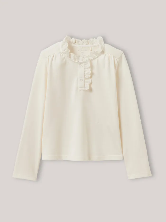 Girls Cyrillus Clothing TShirt With Embroidered High Neckline 8211 Organic Cotton Ecru