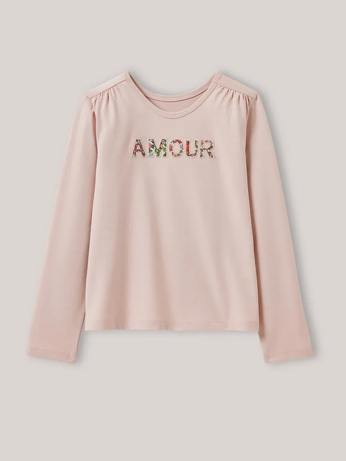 Girls Cyrillus Clothing TShirt With Message Trim Made With Liberty Fabric 8211 Organic Cotton Rose Doux