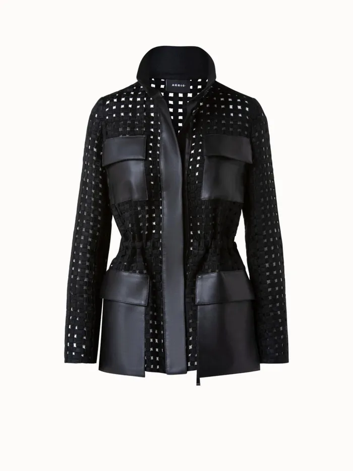 Girta Open Grid Embroidery Safari Jacket Black Women Akris Jackets