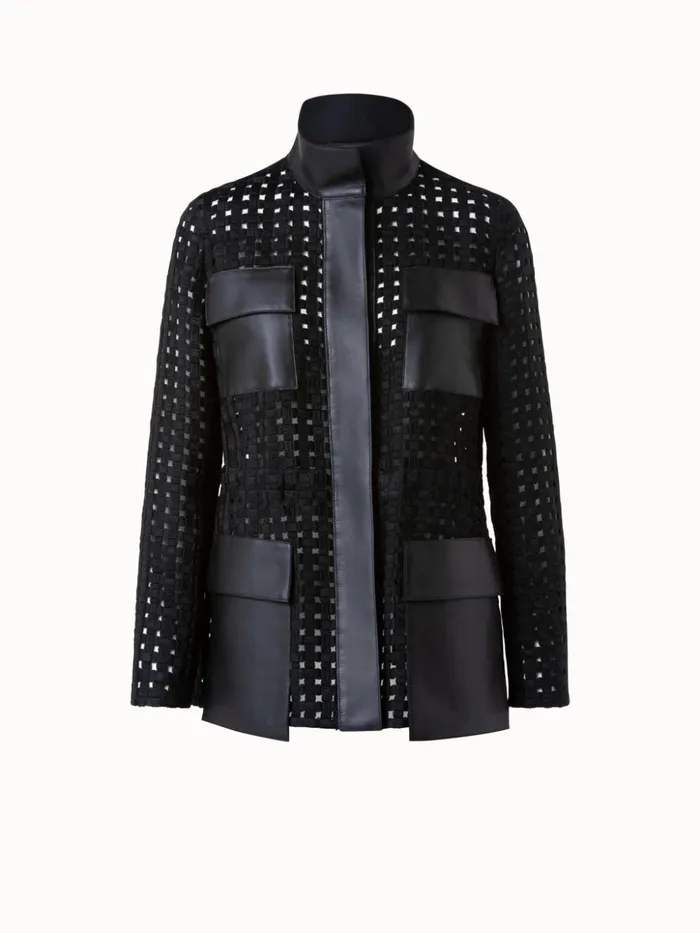 Girta Open Grid Embroidery Safari Jacket Black Women Akris Jackets