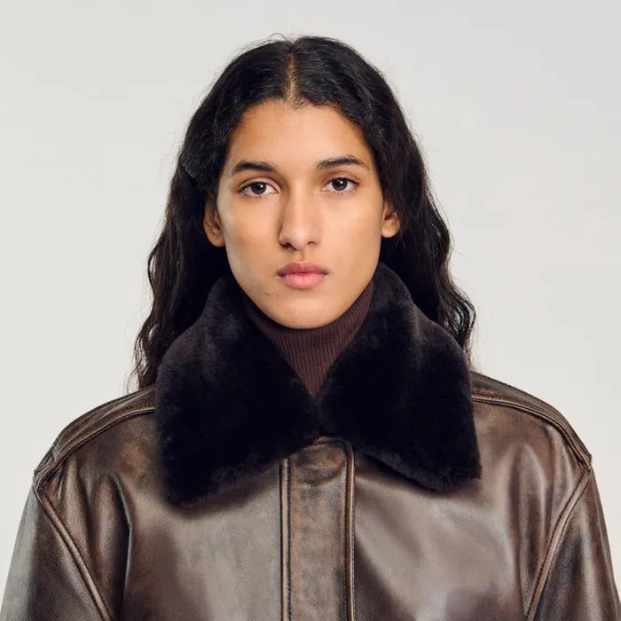 Jackets and Blazers Women SANDRO Distressed Leather Jacket Brown