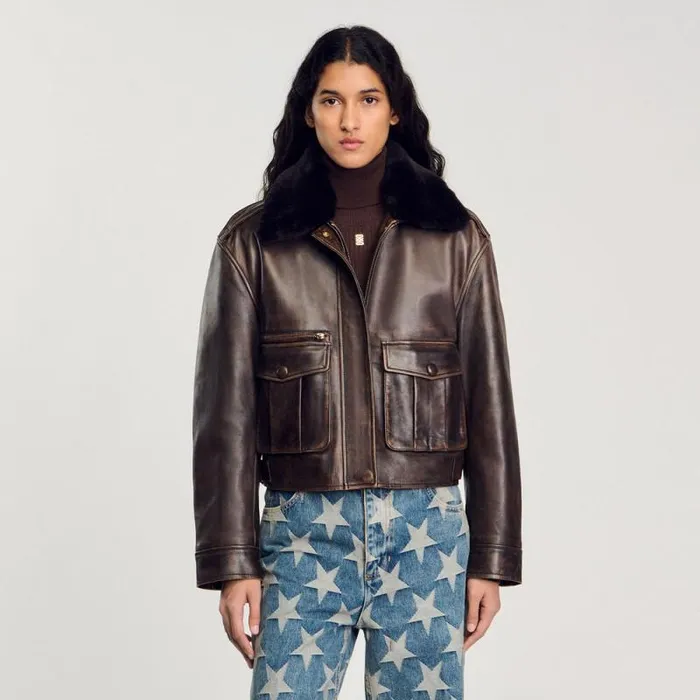 Jackets and Blazers Women SANDRO Distressed Leather Jacket Brown