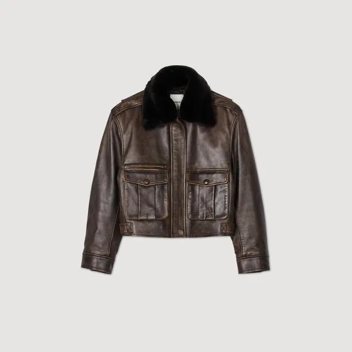 Jackets and Blazers Women SANDRO Distressed Leather Jacket Brown