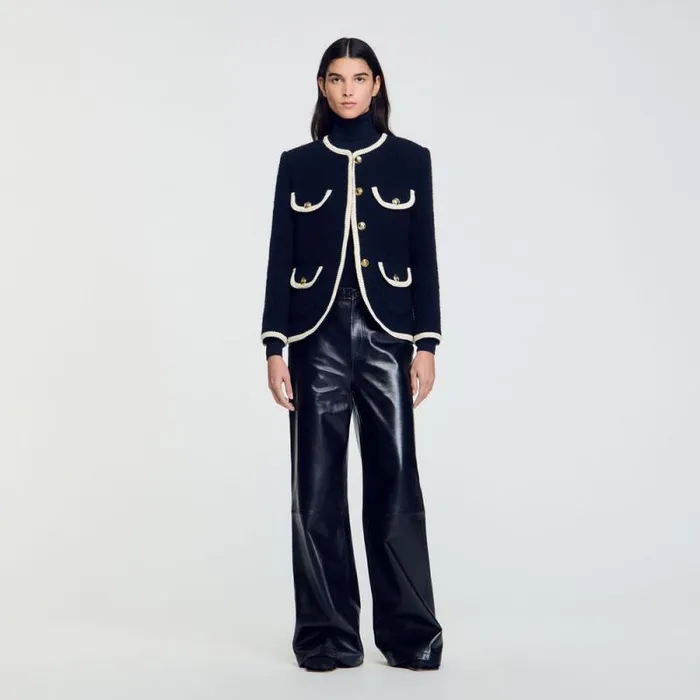 Jackets and Blazers Women SANDRO Long Tweed Jacket Navy Blue