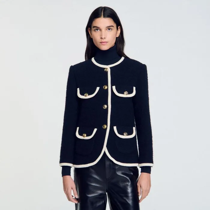 Jackets and Blazers Women SANDRO Long Tweed Jacket Navy Blue