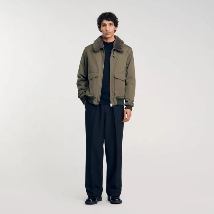 Jackets Men SANDRO Fur Collar Jacket Olive Green