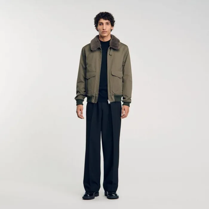 Jackets Men SANDRO Fur Collar Jacket Olive Green