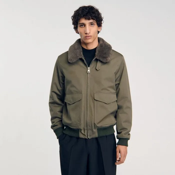 Jackets Men SANDRO Fur Collar Jacket Olive Green