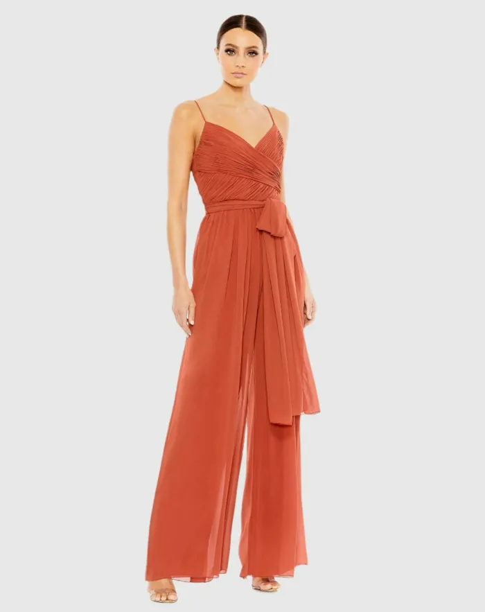 Jumpsuits and Rompers Mac Duggal Women Orange Ruched Sleeveless Tie Jumpsuit Cinnamon
