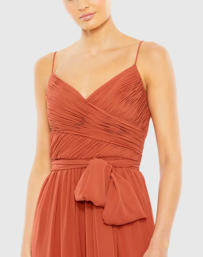 Jumpsuits and Rompers Mac Duggal Women Orange Ruched Sleeveless Tie Jumpsuit Cinnamon