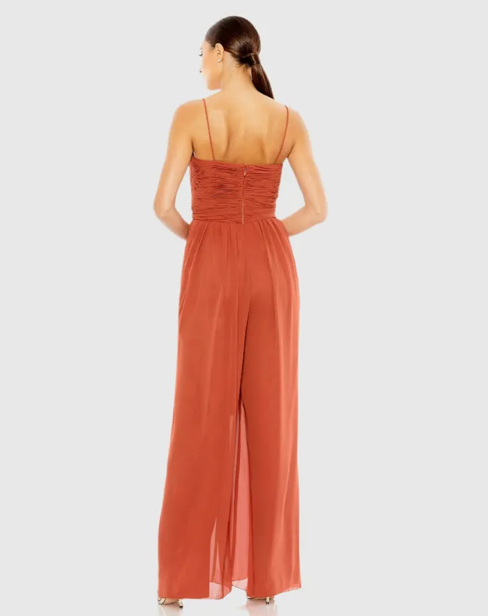 Jumpsuits and Rompers Mac Duggal Women Orange Ruched Sleeveless Tie Jumpsuit Cinnamon
