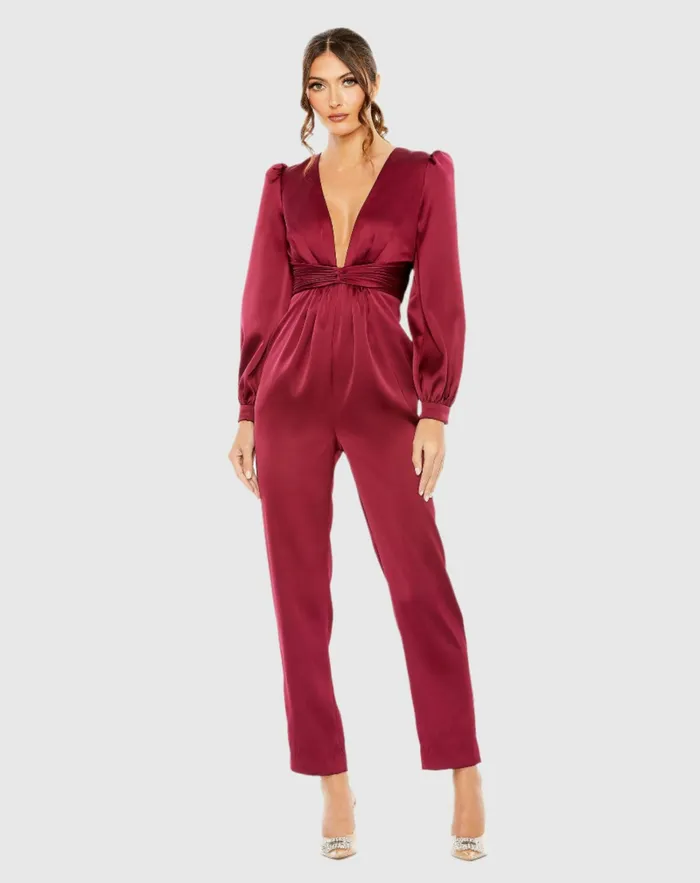 Jumpsuits and Rompers Mac Duggal Women Red Front Twist Puff Sleeve Deep V Jumpsuit Ruby
