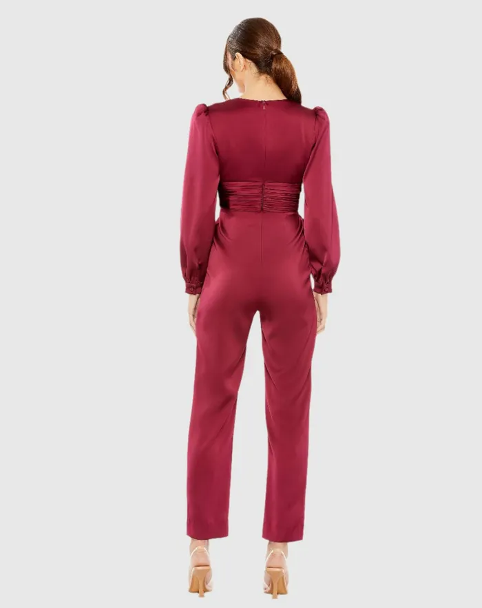 Jumpsuits and Rompers Mac Duggal Women Red Front Twist Puff Sleeve Deep V Jumpsuit Ruby