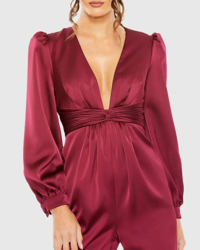 Jumpsuits and Rompers Mac Duggal Women Red Front Twist Puff Sleeve Deep V Jumpsuit Ruby