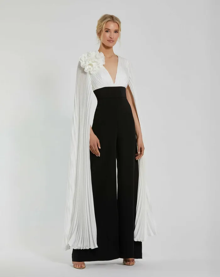 Jumpsuits and Rompers Women Mac Duggal Pleated Charmeuse And Crepe Wide Leg Jumpsuit Black Ivory